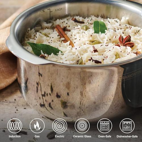Tramontina Utsava 1.75-Quart Tri-Ply Clad Stainless Steel Tope with Lid, Small Patila Pot for Indian Cooking