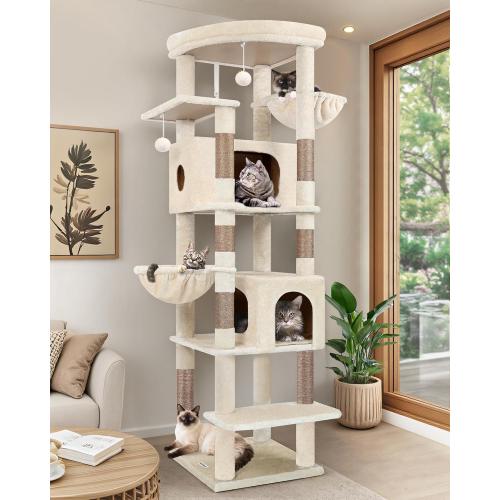 Globlazer Heavy Duty Cat Tree, 74in Sturdy Cat Tower for Large Cats Adult, Big Cat Tree with 7 Sisal Scratching Posts, 2 Padded Condos, 2 Dual-Ear Hanging Baskets, Enlarged Top Perch, S74, Beige