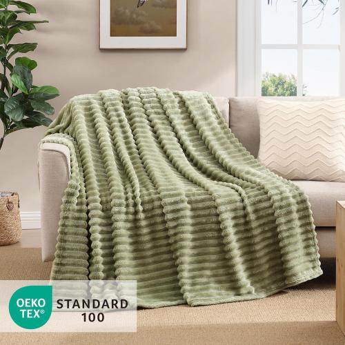 Geniospin Throw Blanket for Couch, Bed, Sofa – 280GSM Super Soft Lightweight Blanket with Stripe, 3D Ribbed Jacquard Blanket, Plush Fuzzy Cozy Throws, Warm and Breathable (Sage Green, 50x60 inches)