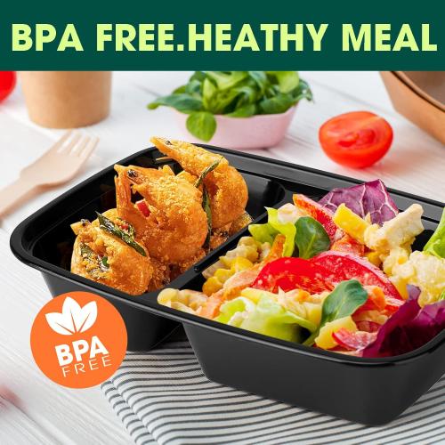 50 Pack (100-Piece) 32 oz Sturdy Leakproof 2-Compartment Meal Prep Containers with Lids, Plastic Food Storage Containers for Lunch, Microwave, Freezer, and Dishwasher Safe Takeout Containers