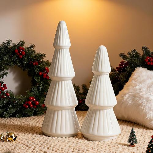 KORMMCO White Ceramic Christmas Tree Decor, Winter Decorations, Small Winter Farmhouse Christmas Tree Decor Set for Tabletop, Mantel, Tiered Tray, Vintage Xmas Decorations, Set of 2 9.6”& 7.5”