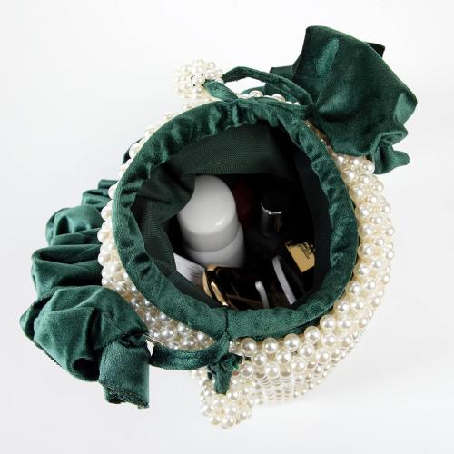 YUSHINY Women Faux Pearl Beaded Evening Pleuche Handle Bucket Hollow-Block Bags with Velvet Lining for Wedding Party