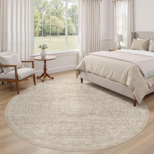 Large Round Rug Living Room: Washable Large Vintage Rug Neutral Non-Slip Soft Stain Resistant Indoor Carpet for Bedroom Nursery Dining Room Under Table Bed Home House Office Playroom - Brown