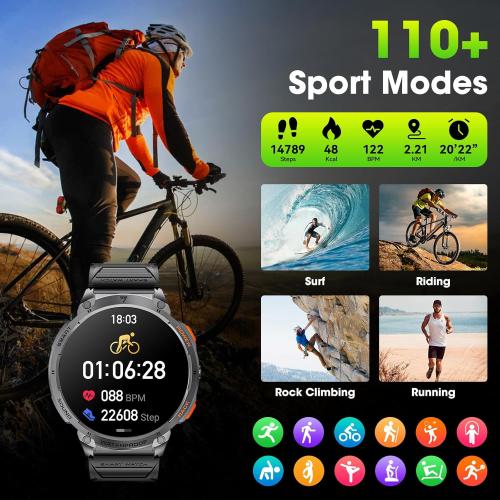 Military Smart Watches for Men, 1.85 HD Large Screen Smart Watch, Flashlight/730mAh/110  Sports Modes Fitness Tracker Watch, Waterproof Mens Smart Watch for Android Phones iPhone Compatible