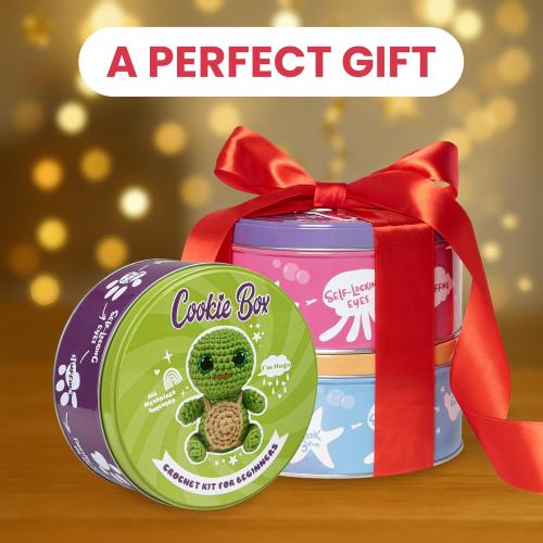 Cookie Box Original Crochet Kit for Beginners – Gift Set to Make Turtle Hugo Amigurumi Plushie – Easy DIY Crochet & Knitting Starter Kit with Video and PDF Tutorials