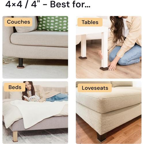 CasterMaster Non-Slip Furniture Pads for Hardwood Floors - 4 x 4 Brown Pack of 4 - Anti-Skid Rubber Caster Cups - Table Leg Protectors & Rubber Feet for Chairs
