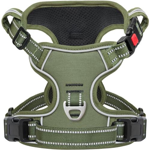 Timos Dog Harness Medium Sized, No Pull Pet Harness with Neck Lockable Snap,No Choke Front Clip Dog Reflective Vest,Adjustable Metal Rings 3 Buckles,Easy Control Handle for Medium Dogs Green