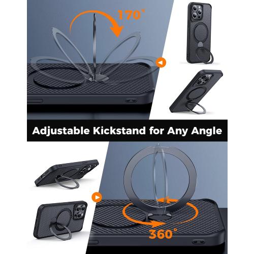 FlyReal Designed for iPhone 15 Pro Max Case with 360° Magnetic Stand, Carbon Fiber Phone Case [Compatible with Magsafe] [16FT Military Protection] with Stand Ring 6.7'', Black