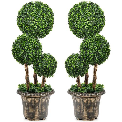 Artificial Boxwood Topiary Tree, 2.5ft Triple Ball Shaped Faux Topiary Tree w/Weighted Pot, Metal Frame, Fake Green Potted Plants Decoration for Indoor/Outdoor/Home/Office, Set of 2