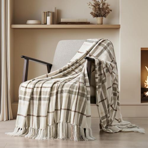 EVERGRACE Plaid Chenille Throw Blanket for Couch, Super Soft Cozy Decorative Farmhouse Plaid Throw with Tassels, Lightweight Chenille Knit Throw for Bed Sofa Gift Home Decor, Beige 50”x60”