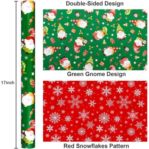 MAYPLUSS Gnome Wrapping Paper Roll, Reversible Green Christmas Wrapping Paper, Adorable Gnome Winter Holiday Gift Wrap With Snowflakes Design for Present Wrap, Packaging Supply (17 Inch X 33 Feet)