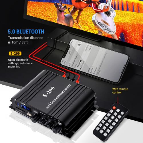 S299 Max 800W Bluetooth Home Audio Amplifier, RMS 40Wx4 4.1CH Bluetooth Power Amplifier with Active Subwoofer, Sound Audio System w/AUX, Headphone Jack, USB, SD, Remote Control - Suacopzar