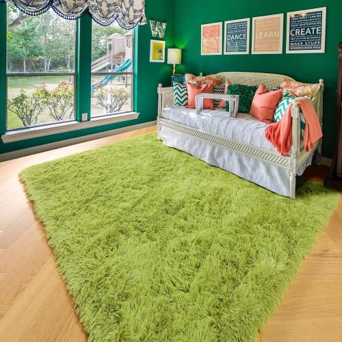 Grass Green Rugs for Bedroom, Fluffy Shag Area Rug 4x6 for Kids Room Living Room Baby Nursery Decor Aesthetic, Cute Furry Cool Shaggy Throw Bedside Fuzzy Plush Moss Carpet for Dorm Classroom Playroom