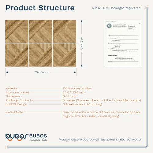 BUBOS 6-Pack Acoustic Panels, Wood Grain Sound Absorbing Panels, 23.6x23.6 | Peel and Stick, for Home Office, Studio & Wall Decor Sound Treatment, Wall Panels for Noise Reduction & Stylish Room