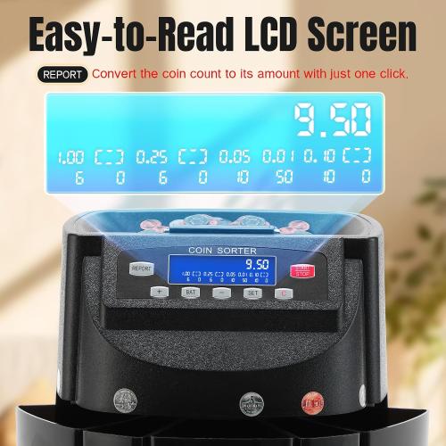 USD Coin Counter 270 Coins/Min Includes 5 Coin Bins, 5 Tubes & 5 Wrappers | 300-Coin Capacity Automatic Change Counter with LCD Display for 1¢ 5¢ 10¢ 25¢ $1, Precise Counting for Retail/Banks/Home