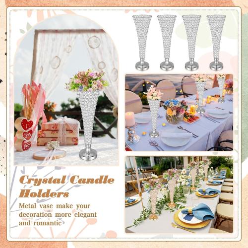 Rtteri 4 Pcs 20 Inch Tall Crystal Vase for Centerpieces Wedding Christmas Metal Crystal Trumpet Flower Vase Stand for Holiday Table Floor Wedding Banquet Celebration, Classic Elegance(Silver)
