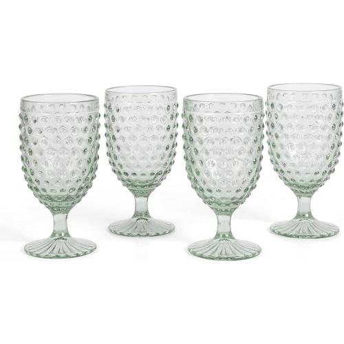 Martha Stewart Chauncey 4-Pack Hobnail Glass Goblets, 14.2 oz – Handmade Green Vintage Drinking Glasses, Textured Glassware for Water, Wine, or Entertaining