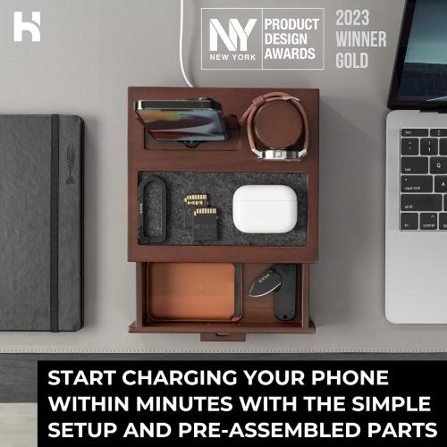 Holme & Hadfield Premium Wooden Phone Docking Station with Drawer – Nightstand Organizer for Charging Phone – Declutter Your Space with Felt-Lined Protection & Watch Pillar - Gift For Men‼️COLOR:BLACK (missing 1 cable gripper) ‼️