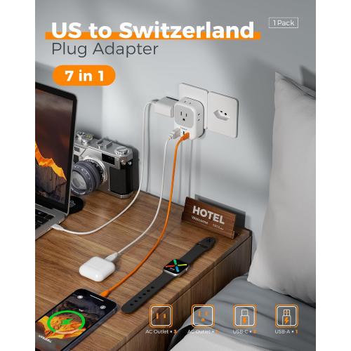 TESSAN Switzerland Travel Plug Adapter, Type J Switzerland Power Adapter with 4 Outlets 3 USB (2 USB-C), Swiss Plug for US to Rwanda Jordan Liechtenstein Madagascar, Travel Essentials