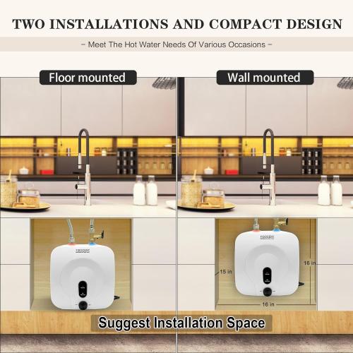 2.5 Gallon Mini Tank Water Heater Under Sink Hot Water 1500W 120V Water Heaters for RV Kitchen RV 1/2”NPT Stainless Steel Hose 3-way Fitting White