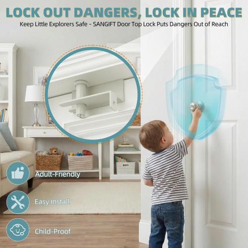 Adjustable Child Safety Door Top Lock with Ergonomic Grip, 2MM Thick Solid Steel Child Proof Door Top Lock for Interior Exterior Doors Easy Sliding Lock Unlock from Both Sides for Kids Safety