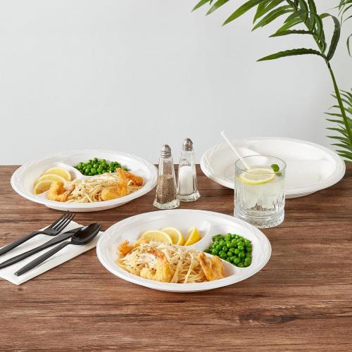 Restaurantware-RW Base 10.4 Inch Microwavable Food Plates, 150 Round Plastic Plates - 3 Compartments, Disposable, White Plastic Dinner Plates, Serve Hot And Cold Foods, For Restaurants And Cafes