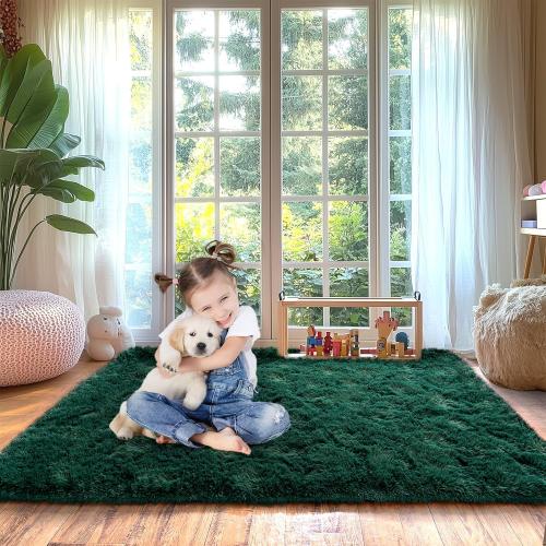 Green Fluffy Rug for Bedroom 4x5.9 ft - Ultra Soft & Non Slip Shaggy Area Rug, Comfy Durable Carpet for Living Room Kids Room Teens Dorm Home Decor, 1.7'' Thick Indoor Plush Carpets