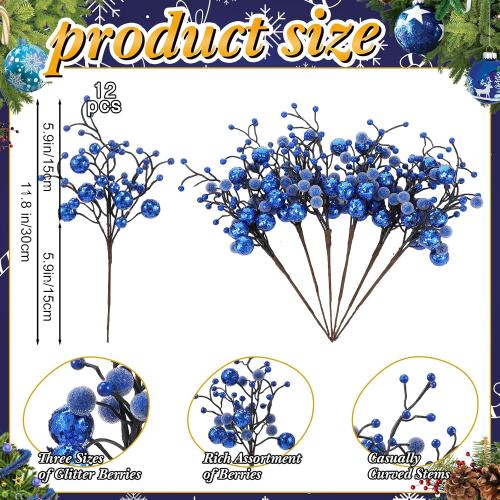 Syhood 12 Pack 11.8 Inch Valentines Glitter Holly Berries Stems Artificial Frosted Berries Picks for Christmas Tree Garland Wreaths Vase Fillers DIY Crafts Holiday Wedding Home Decor(Royal Blue)