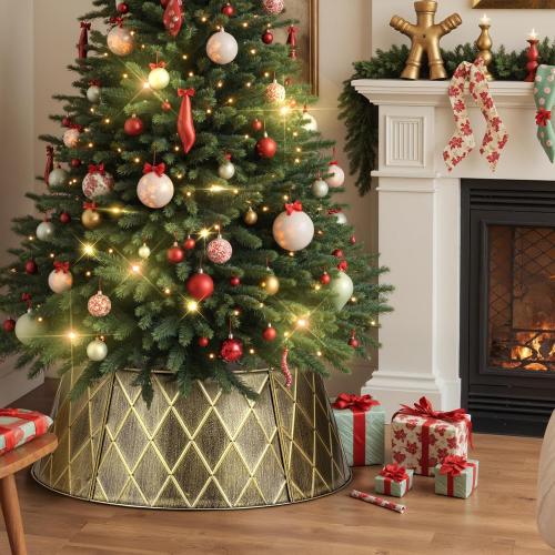 Lanpn Metal Christmas Tree Collar 24 inch, Christmas Tree Ring Collar for Small Mini Pencil Xmas Stand Cover Real Artificial Trees Indoor Outdoor Decoration (Gold, Diamond)