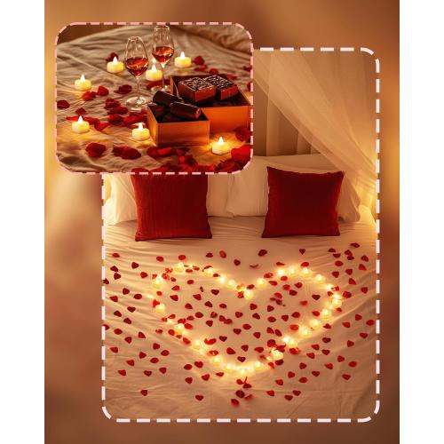 Homemory Rose Petals and Candles Set for Romantic Decorations Special Night, 2000 Pcs Red Rose Petals with 30Pcs LED Heart Candles Lights for Proposal, Anniversary, Birthday, Wedding Decor
