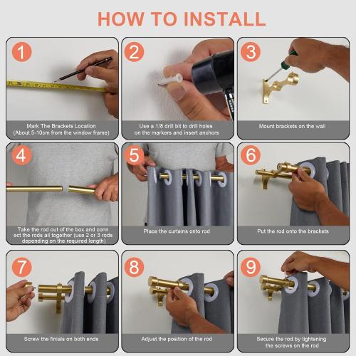 Double Curtain Rods with Aluminum End Cap and Full Surround Brackets,1-Inches Front and 5/8 Inches Back Adjustable between from 36 to 72 Inches (3-6 Feet),Brass Double Window Drapery Rod for