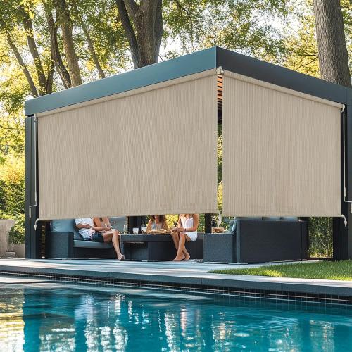 Outdoor Roller Shades，Cordless Patio Roller Up Blinds with Shade Cloth for Porch Gazebo Pergola Balcony Backyard，2 Poles & 1 Fabric，Sesame，72 Wx72 H