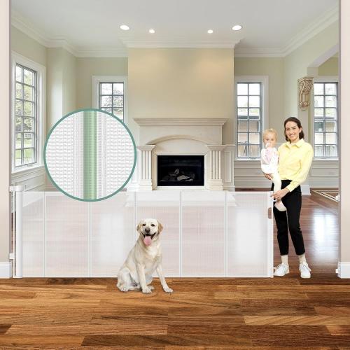 Reinforced 120 Inch Retractable Baby Gates Extra Wide Baby Gate with Reinforced Strips Indoor/Outdoor No Wrinkle Retractable Dog Gate for Doorway No Sag Outdoor Pet Gates for Wide Openings, White