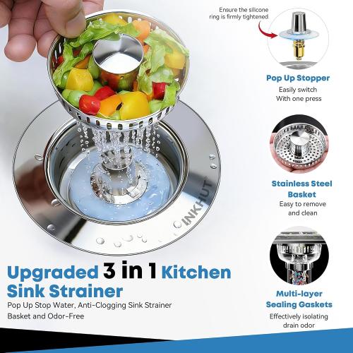 Upgraded 3 in 1 Kitchen Sink Drain Strainer (Silver-2Pack)