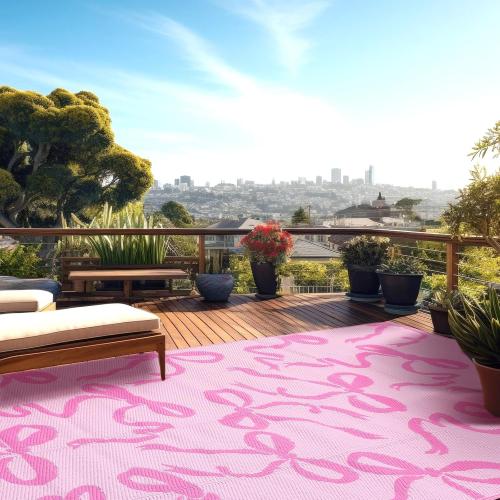 Nuanchu Outdoor Rug Plastic Straw Rugs 5x8 ft Pink Bow Camping Patio Rug Coquette Carpet Mat Indoor Outdoor Rv Mat for Valentines Outside Beach Pool Patio Backyard Deck
