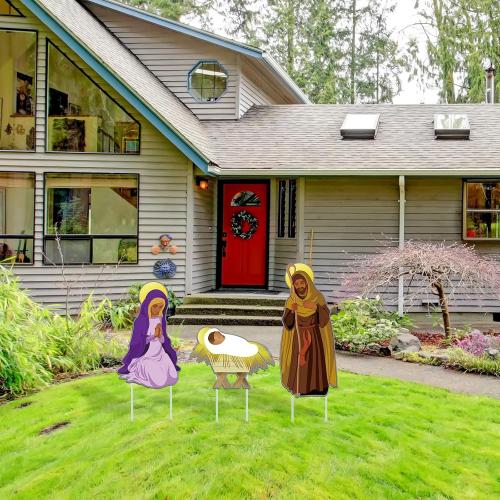 Amyhill 3 Pieces African American Christmas Decorations Black Nativity Set Outdoor Large Nativity Scene Manger Scene Holy Religious Yard Sign Decoration for Holiday Garden Lawn Decor
