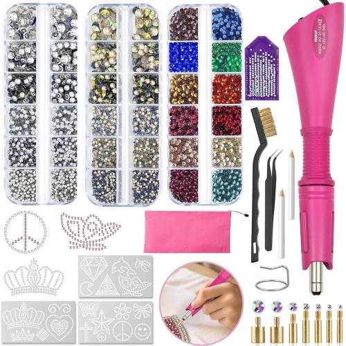 Hotfix Rhinestones Applicator Kit with 4500 Crystals (White, AB, Multi-Color) Includes 19 Pattern Templates, Tweezers, Brush & Storage Bag for Clothes, Fabric, Jeans (Pink)