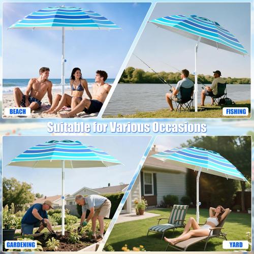 8FT Large Beach Umbrella with Heavy Duty Sand Anchor & Tilt Sun Shelter, Wind Resistance, UPF50  UV Protection, Waterproof Canopy, Portable for Beach Outdoor Patio Yard Garden Pool