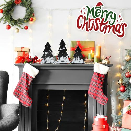 3 Pieces Christmas Tree Wooden Signs Black White Xmas Tiered Tray Decor for Christmas Home Tabletop Party Decor (Black)