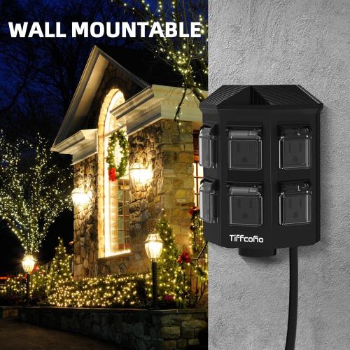 TiFFCOFiO Outdoor Power Strip Weatherproof, 50 FT Extension Cord with Power Stake, 6 Grounded Outlets for Outdoor Lights, 15A/1875W, ETL Listed