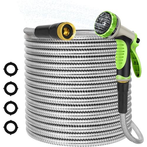 Green and Black Stainless Steel Metal Garden Hose Lightweight, Puncture & Rust Proof Heavy Duty Water Hose for Yard, RV, Garden, Outdoor