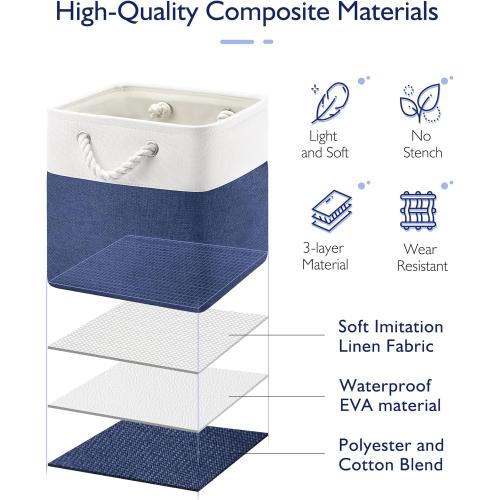 11 Inch Cube Storage Bins, 6 Pack Fabric Storage Cubes with Rope Handles, Organizer Baskets for Closet Shelves, Clothes and Home Organization(White/Blue)