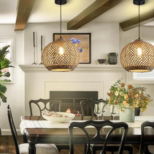 Rattan Pendant Light Fixture,13.79 Boho Rattan Kitchen Island Seagrass Lighting, Hand Woven Coastal Wicker Chandelier,for Farmhouse Dining Room Entryway Foyer 1-Light