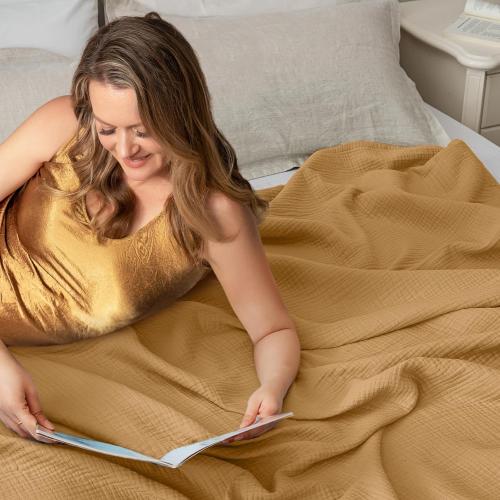 PHF 100% Cotton Muslin Blanket King Size 4-Layer Lightweight Gauze Throw, Breathable Cloud-Soft Minimalist Blanket for Bed, Couch, Camping, Amber, Ideal Gift