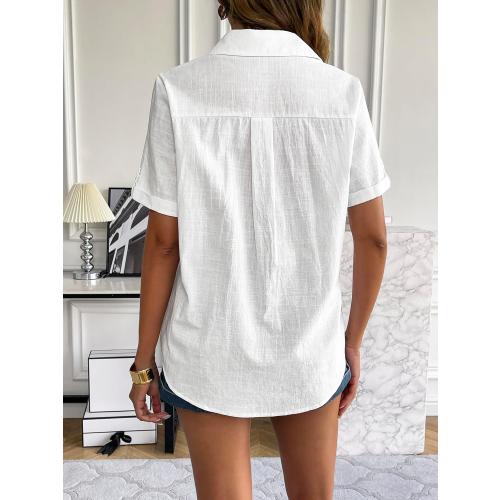 Size XL Zeagoo Women Linen Button Down Shirt Rolled Cuffed Short Sleeve Blouse Ladies Summer Casual V Neck Beach Cotton Tops