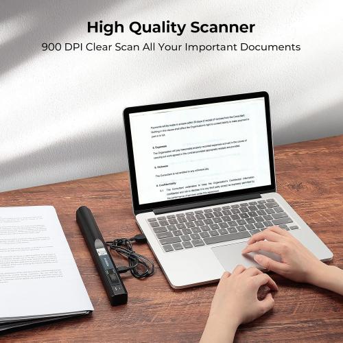 MUNBYN Portable Scanner, 900 DPI Photo Scanner for A4 Documents & Pictures, Wand Reader with 16G SD Card, Flat Scanning, USB Transfer to PC/Laptop, No Driver Required (Black)