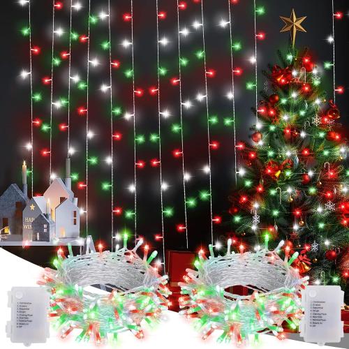 Red White Green Christmas String Lights Battery Operated, 2 Pack 100 LED String Lights 33Ft with Timer 8 Modes Outdoor Indoor Novelty Lights for Home Xmas Tree Garland Holiday Decor
