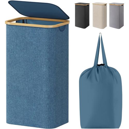 Lifewit 100L Laundry Basket with Lid, Clothes Hampers for Laundry with Bamboo Handles and A Removable Bag, Large Foldable Laundry Hamper for Bedroom, Bathroom, Dorm, Laundry Room, Dark Blue