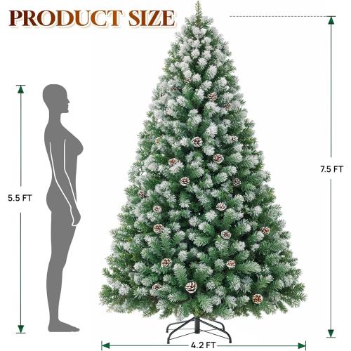 HOLLO STAR 7.5 ft Prelit Christmas Tree with 379 LED Lights, App Control, Artificial Christmas Tree, Multi-Color RGBW Lights, 1476 Flocked Frosted Tips, 86 Pine Cones, Metal Base, for Home, Party