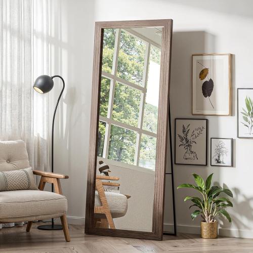 Size 56x20 Color brown Full Length Wooden Mirror for Wall or Floor, 56x20 Rustic Farmhouse Solid Wood Frame with Stand, Large Rectangular Wall-Mounted or Leaning Mirror for Bedroom, Living Room, Entryway